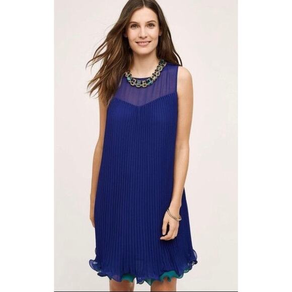Anthropologie Maeve Blue/Green Layered Pleated Swing Dress Size US 6 - Womens - Picture 1 of 8